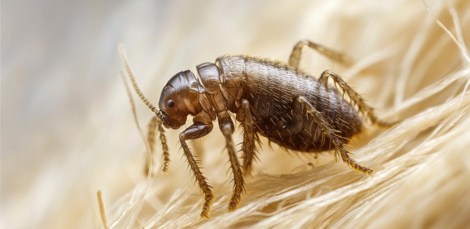 Traitement contre les puces Gros plan d’une puce sur des fibres textiles, nuisible traité par Allo Centre Technique Anti-Parasites